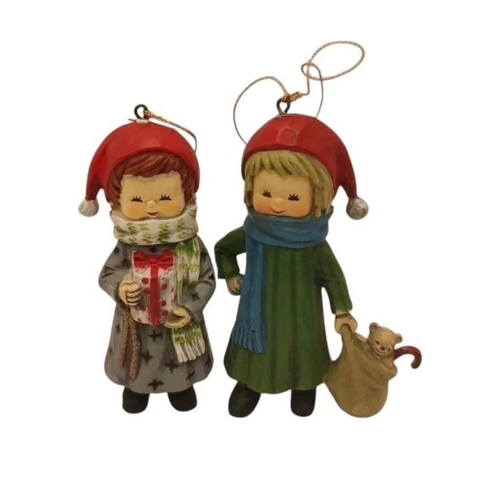 Vintage Christmas Resin Ornaments Girls With Presents Hanging Set Of‎ Two